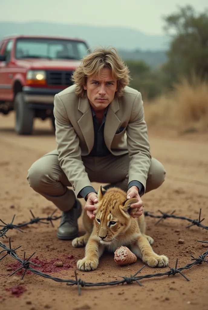 A young lion cub, light brown in color, is trapped and injured within a circle of barbed wire on a dirt road. The cub is positioned in the lower center of the image, appearing vulnerable and distressed, with visible bloodstains on its body and legs. A youn...