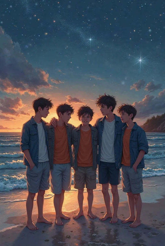 5 boys went on a trip to take a group photo（Location Beach，night）（Require：Similar painting