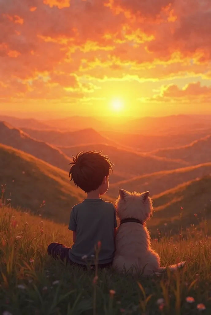 A picture-style image of a boy and a dog watching the sunset