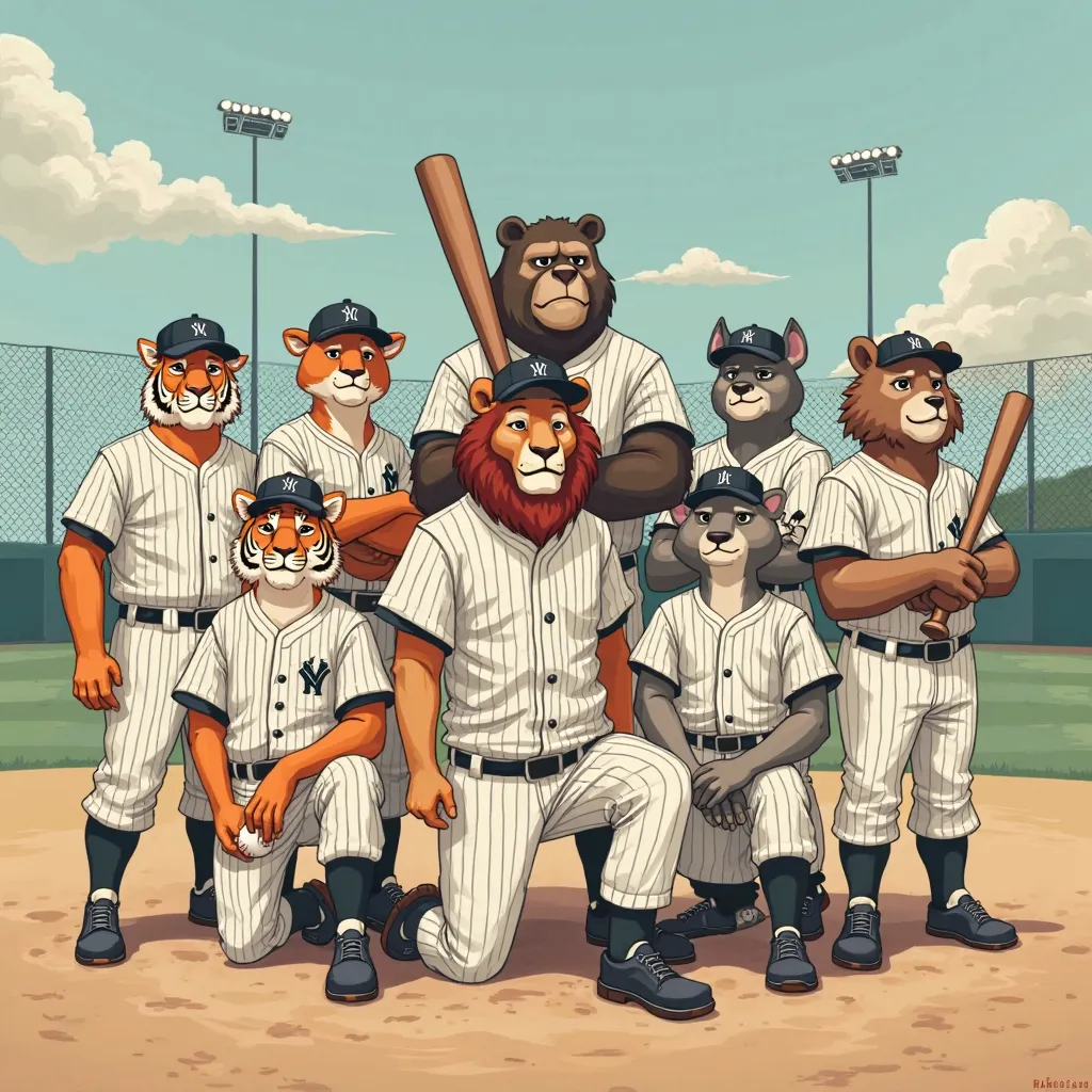 A vintage 2D anime-style illustration of seven anthropomorphic animals posing as a baseball team for a classic team photo. The team consists of a lion, a tiger, a bear, a wolf, a deer, a gorilla, and a rhinoceros, each with unique facial expressions and bo...