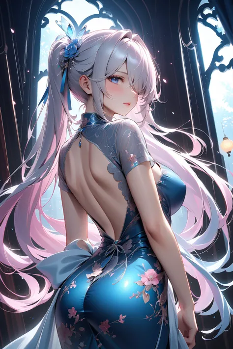 Cinderella, white hair, hair over one eye, white pupils, twintails, long hair, very long hair,mature woman standing with her back to camera:Luxuryなチャイナドレスを着た少女1名, 
 smooth, Moisturized and firm skin, Tight and sexy outfit, 
A corner of the red-light distri...