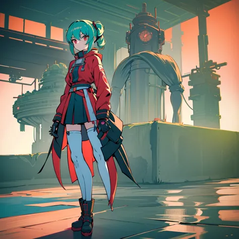 (masterpiece,  top quality), ( perfect athlete's body : 1.2), ( detailed hair ), Super Detailer ,  anime style, full body, Alone,  Cyberpunk Karate Girl ,  Sea-green Twin Hairstyle with Red Eyes ,  Wears a Shabby Cloak and Red Skirt, Wearing boots, Burnt M...