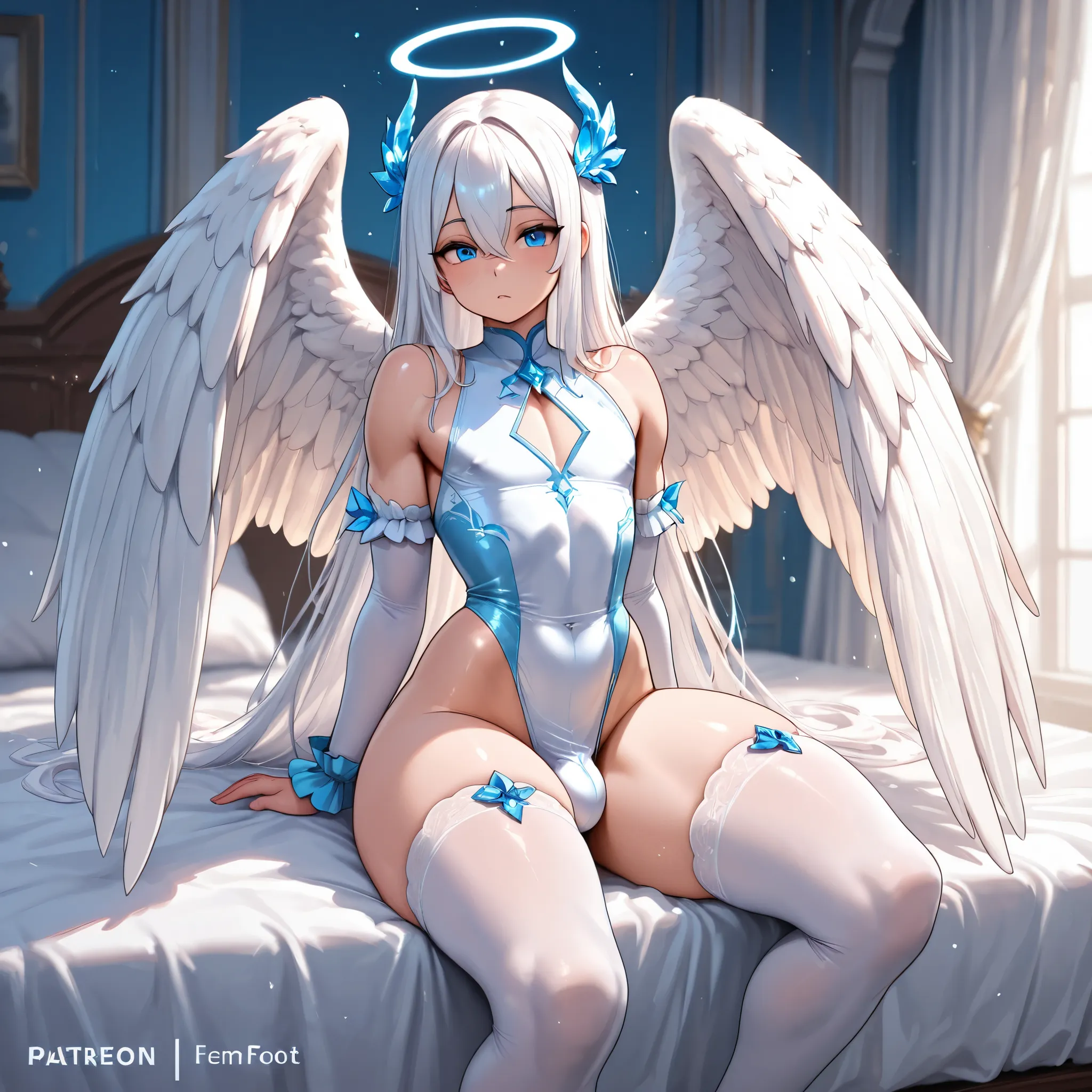 1boy, femboy, huge white wings, white hair, radiant blue eyes, barfoot, sitting, in bed, thick thighs, small waist