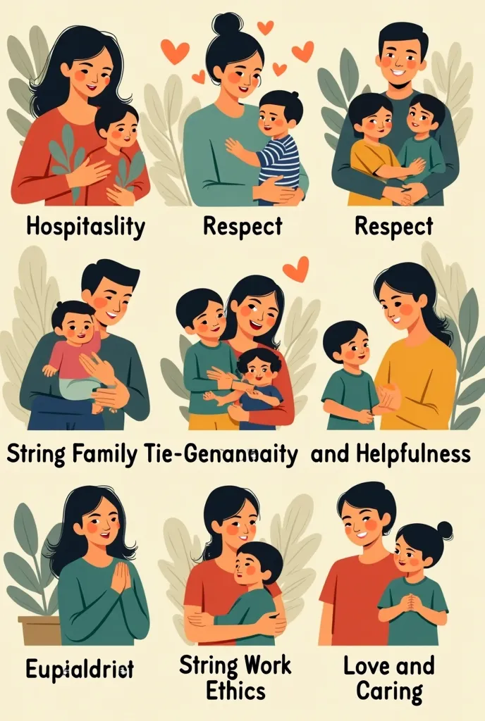 create an image about positive filipino values in the Philippines showcasing Hospitality, Respect, String Family Ties and Religion, Generosity and Helpfulness, String Work Ethics, Love and Caring

Create it in a creative way by using different symbols and ...