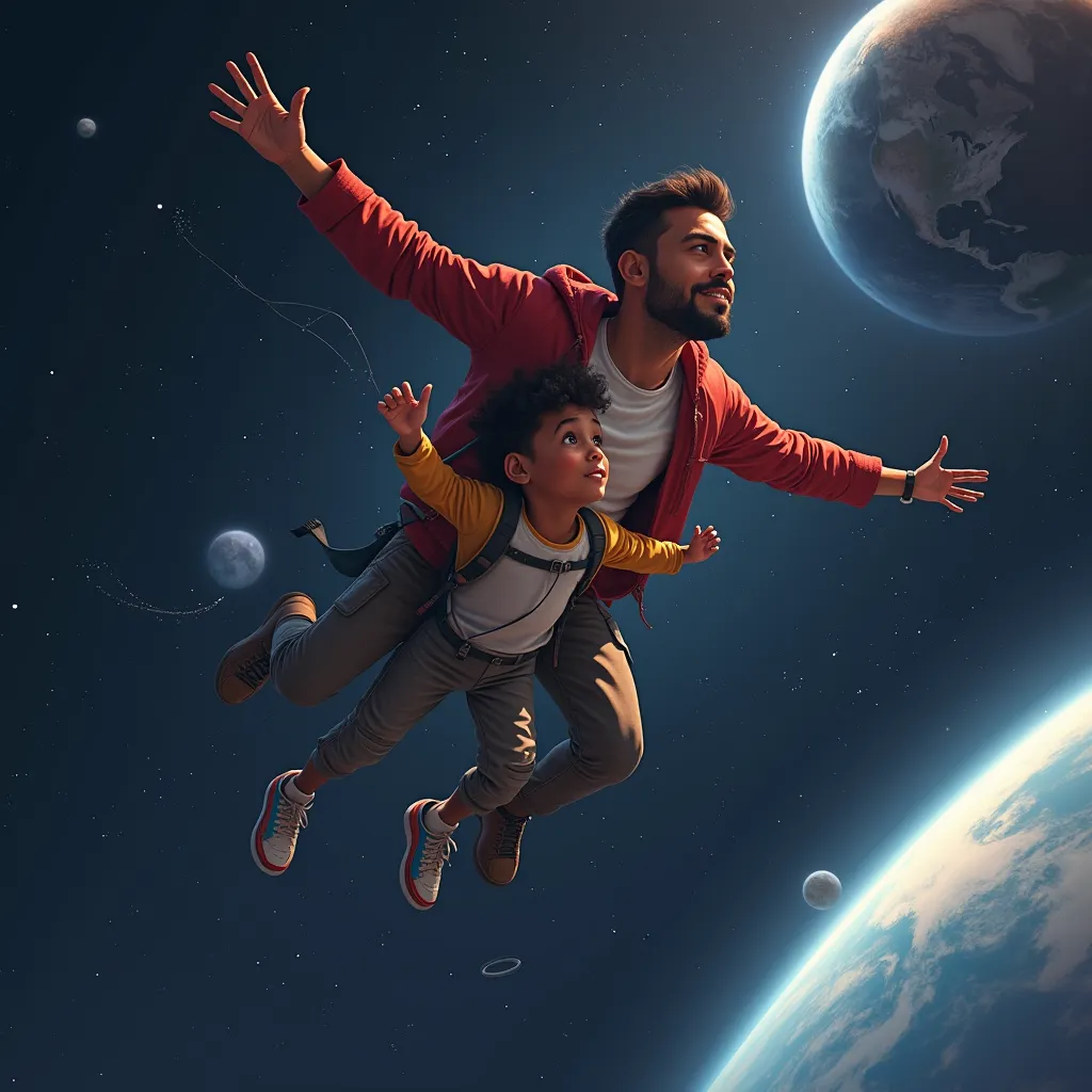 Amir holding Jamal and they fly to Elon musk in space