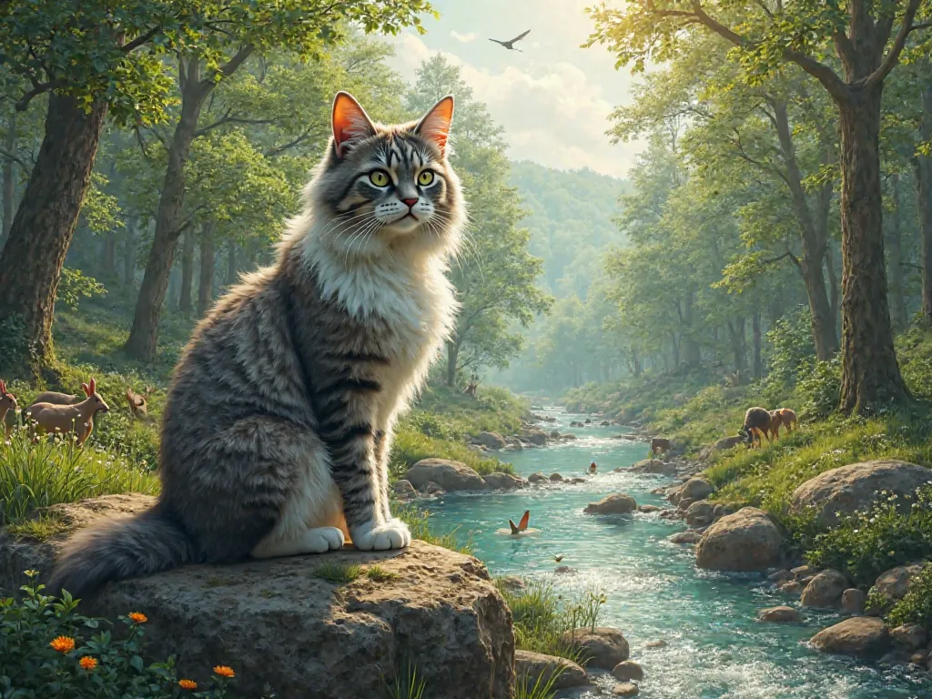 :
"A highly detailed, ultra-realistic fluffy gray and white cat standing proudly on a large rock, overseeing the lush green forest it helped restore. The cat's eyes are determined, as if protecting the land. Below, rabbits play, deer graze, and birds chirp...