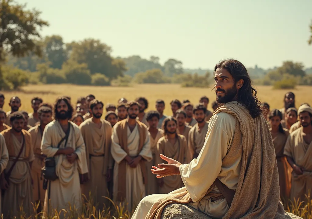 Crie uma cena realista de jesus ensinando uma multidão ao ar livre,  in an open field. jesus,  with a serene expression,  sits on a rock , gesturing with their hands to emphasize their words. The crowd is scattered around you,  composed of men , women and ...