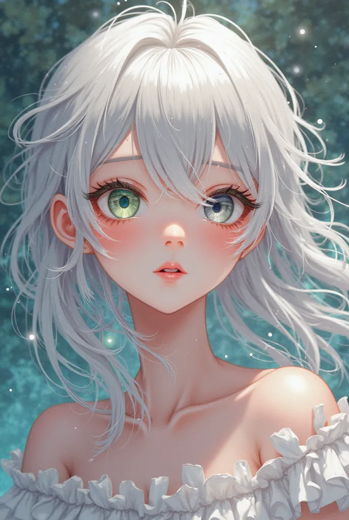 An anime with wavy white hair and small eyes, a gray eye and a green eye, freckles on her face and whitish skin