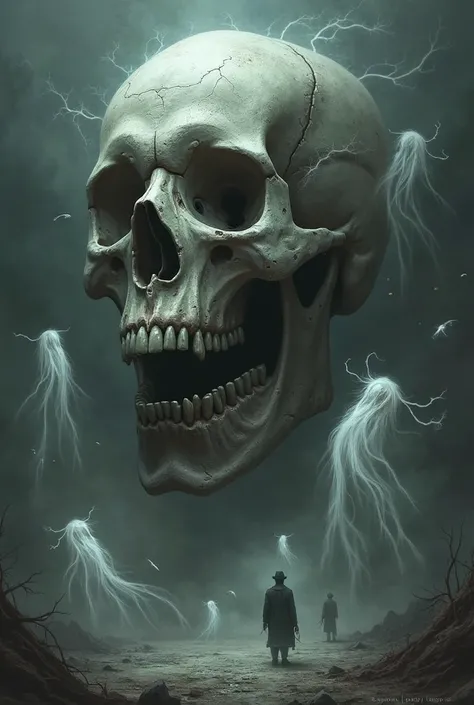 Ghosts flying around a skull 