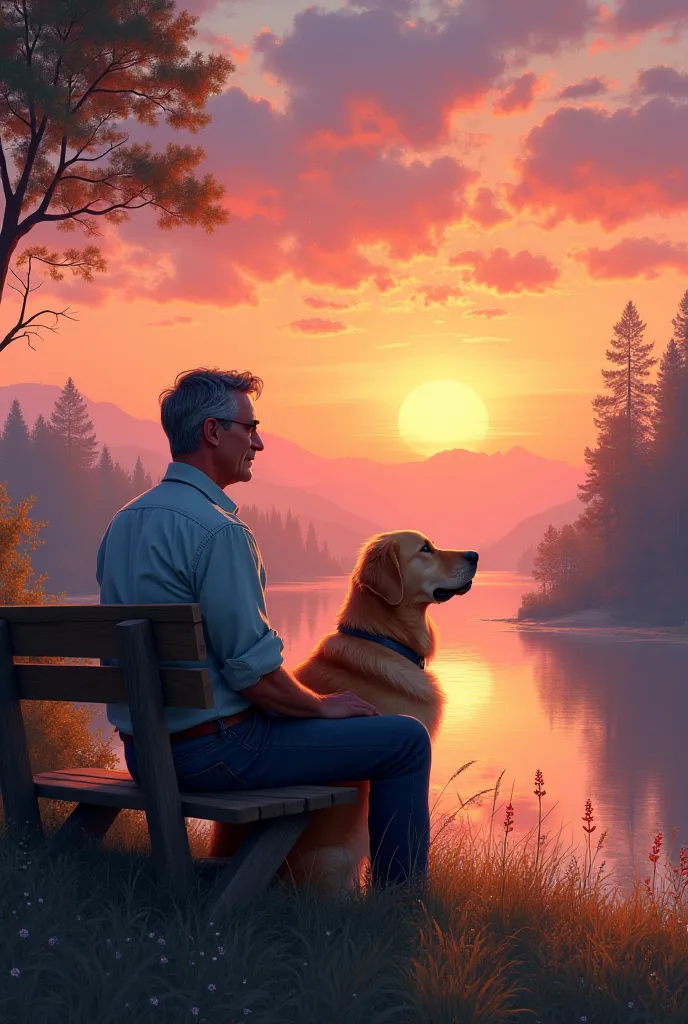 A picture-style image of a man and a dog watching the sunset