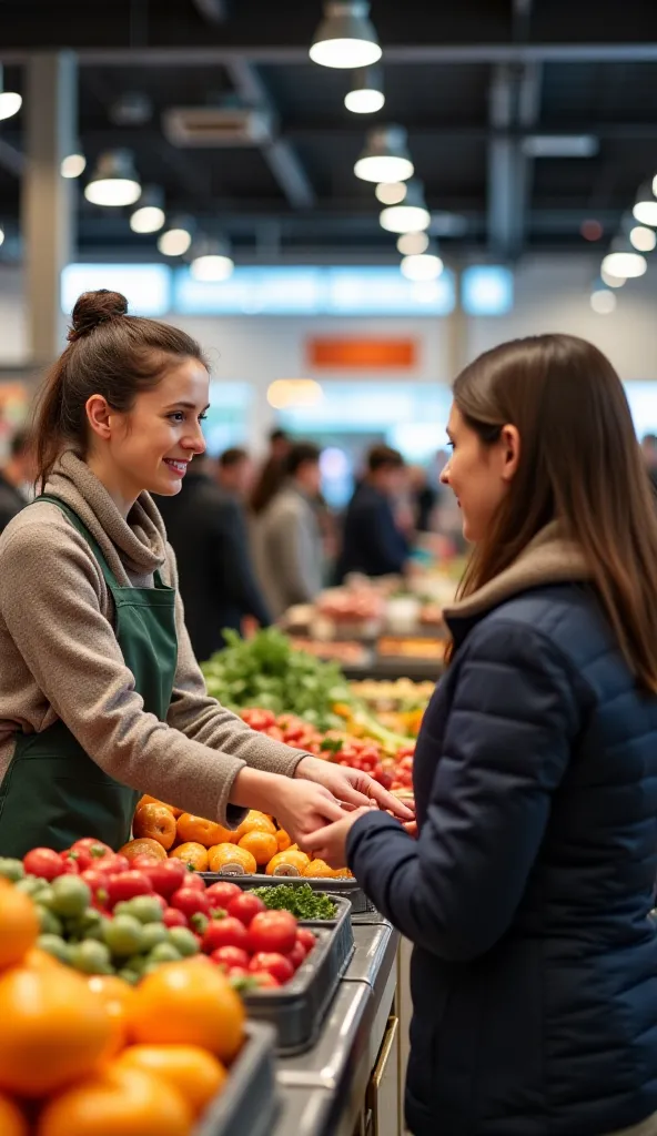 a woman wearing a supermarket uniform is at a supermarket checkout passing purchases to another customer woman wearing warm clothes at the supermarket checkout the employee passes purchases to a customer, crowded supermarket blurred background, long view, ...