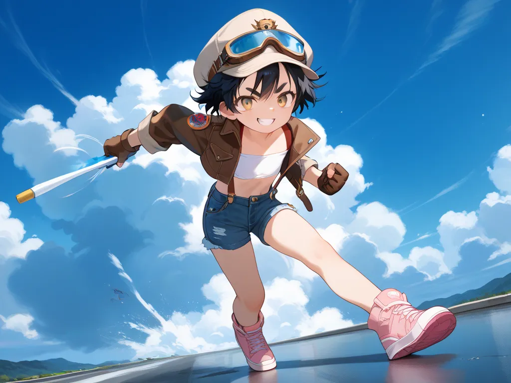 high quality,((megami magazine,anime style)),high resolution,khaki flight hat with goggles,messy hair,cool eyes, tsurime ,very short hair,black hair,gold eyes,bushy eyebrows,evil grin,white tube top,flat chest,brown leather gloves,Thumbtuck Glove ,suspende...