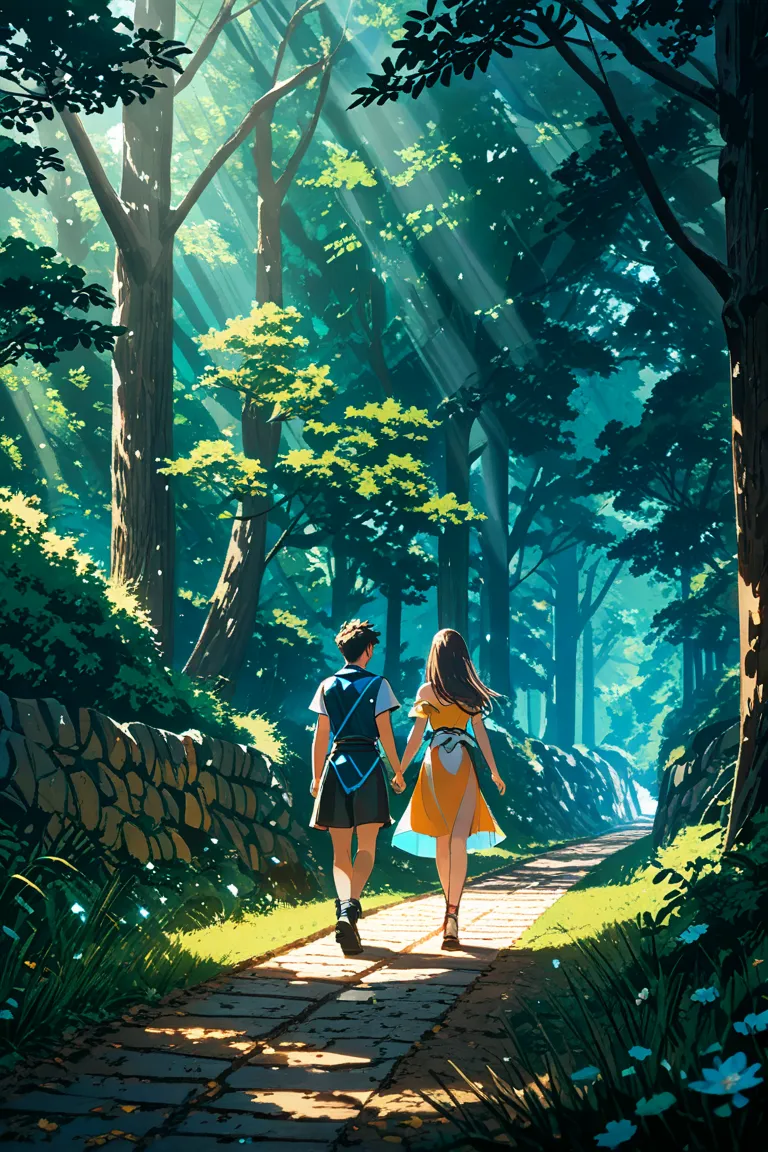 The fifth dimensional world　A couple walking in nature together　A satisfying atmosphere　flat road