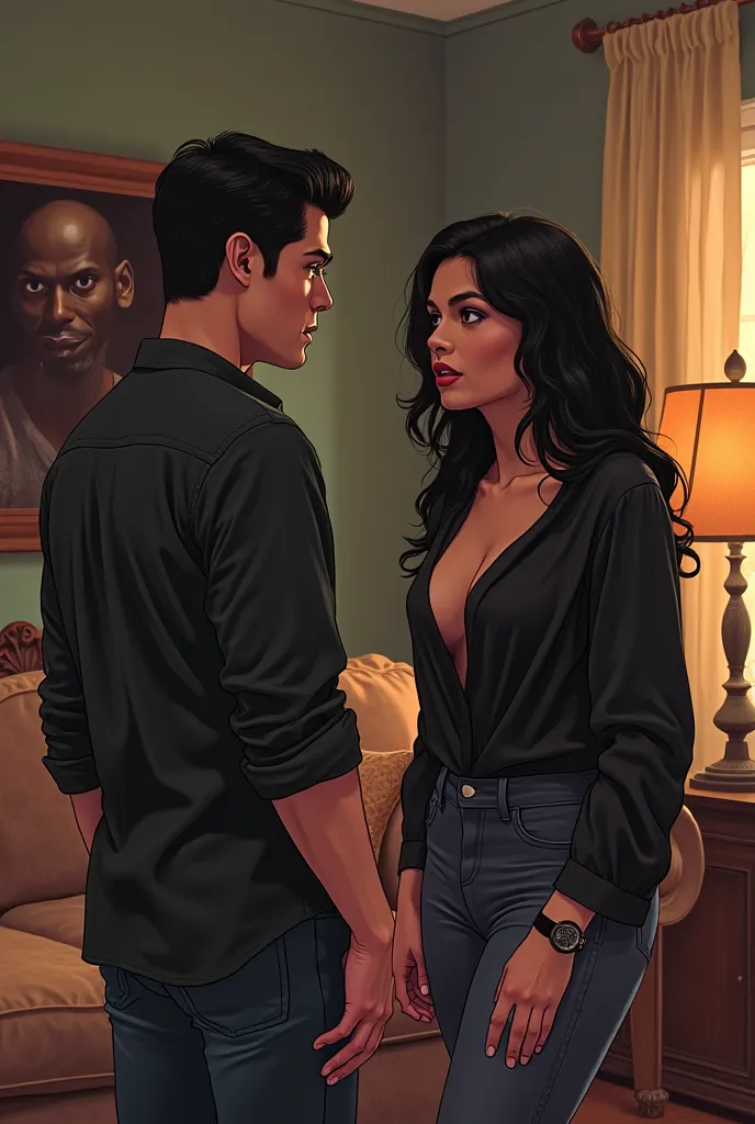 An illustration showing the interaction between Juan and Juanita in the living room of their house, with Juanita in her low-cut black blouse and the almost tense but captivating environment. This moment has a lot of emotional and sensual charge, so the ill...