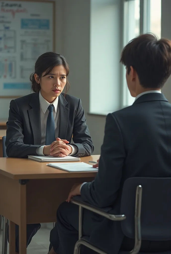 A IELTS Examiner asking a question with an student looking overwhelmed because he is not about he english