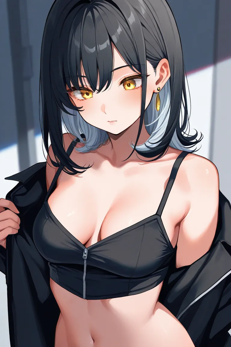 (black medium hair), naked shirt,  grey inner hair, midriff top,tsurine,black jacket, sexy upper body bust shot,earring,asymmetry hair,yellow eyes, medium breasts, downblouse