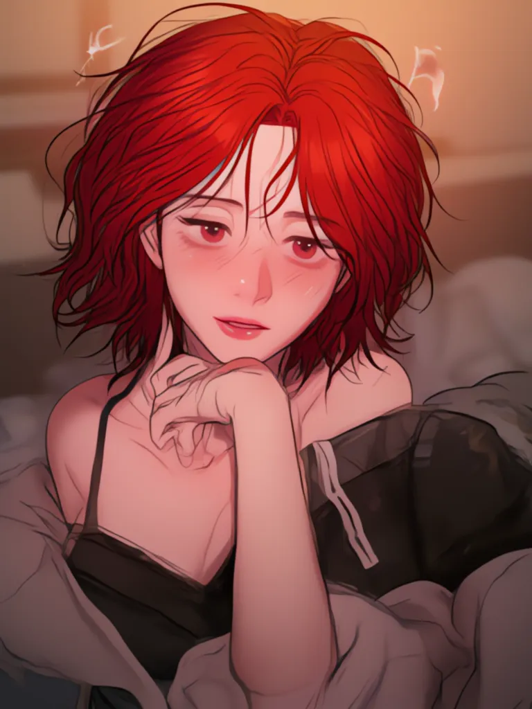 ((masterpiece)), ((high detail)), a beautiful girl who is sleepy while smiling in the room.  She has a thin body , Pecho enorme, fair skin, heavenly eyes, messy red neck length short hair with messy bangs, She also wears a black top with thin straps