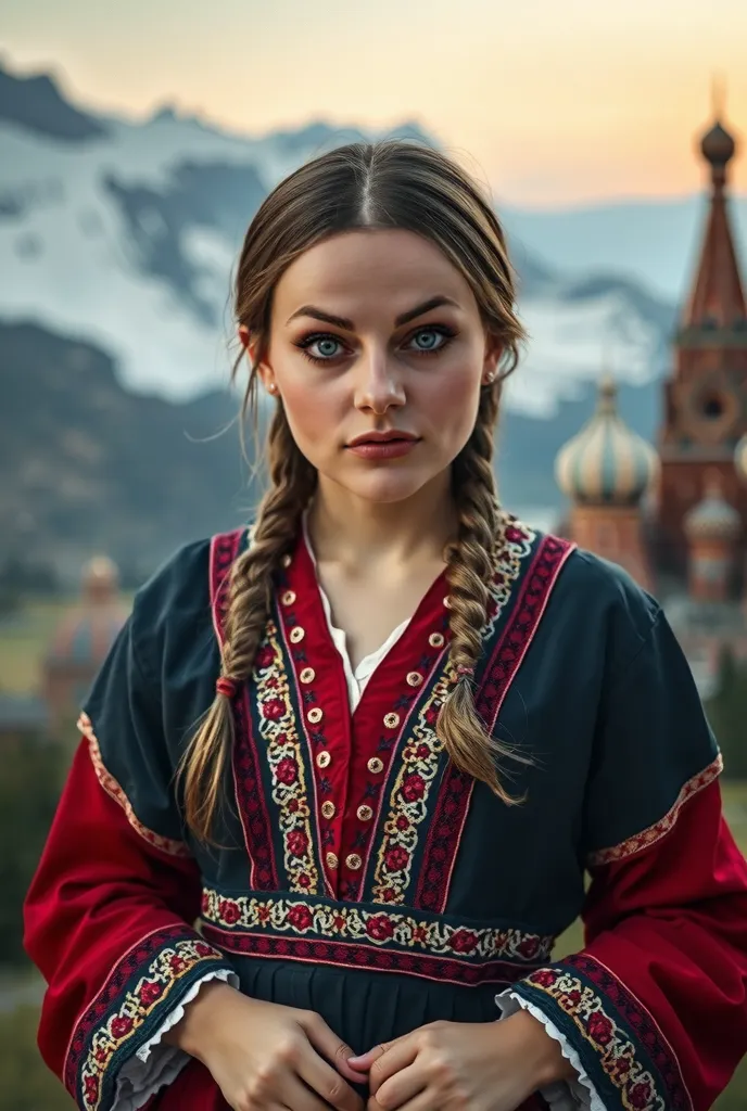 runs away from the mountain High quality,  8K Ultra HD. Photogenic girl with dark ones, with smoothly combed hair and expressive gray-blue eyes, as in the reference photo. she is surprised, her face is a natural, without excessive gloss, with natural skin ...