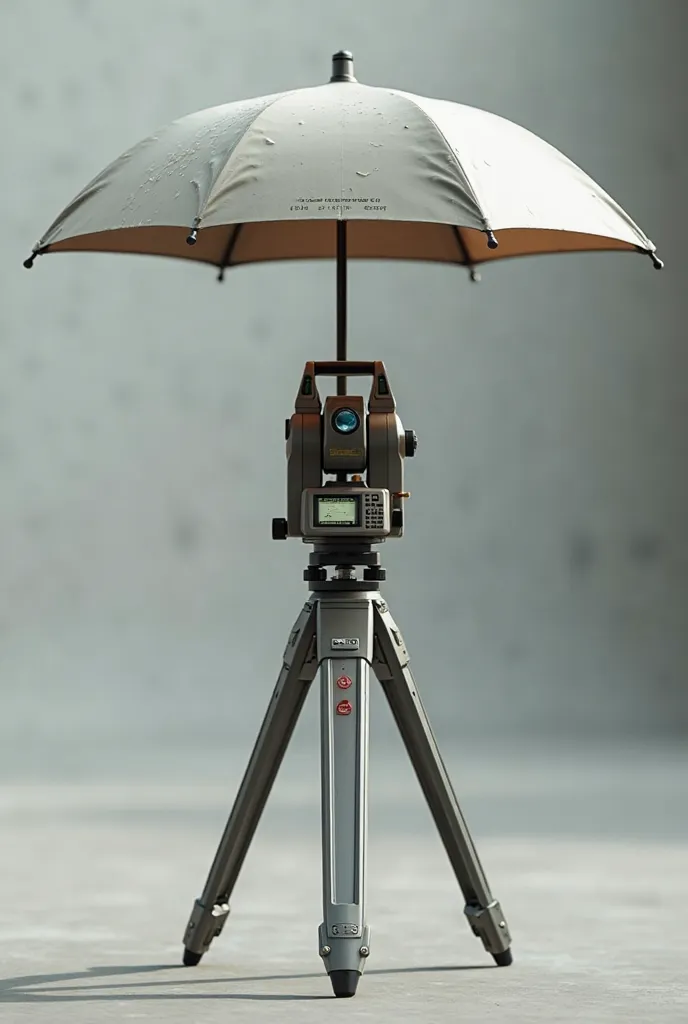 create a total station with an adjustable umbrella on top, the umbrella stem is adjustable and also has a modern umbrella shape on a tripod on top in 3D form