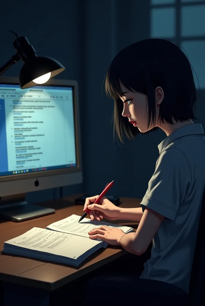 Textbook but unread on a desk with a computer infront of it and a lamp into her right side, Her hands trembled as she gripped her pen it was dark and it was a female with a short hair, make it first person point of view make it into anime if possible