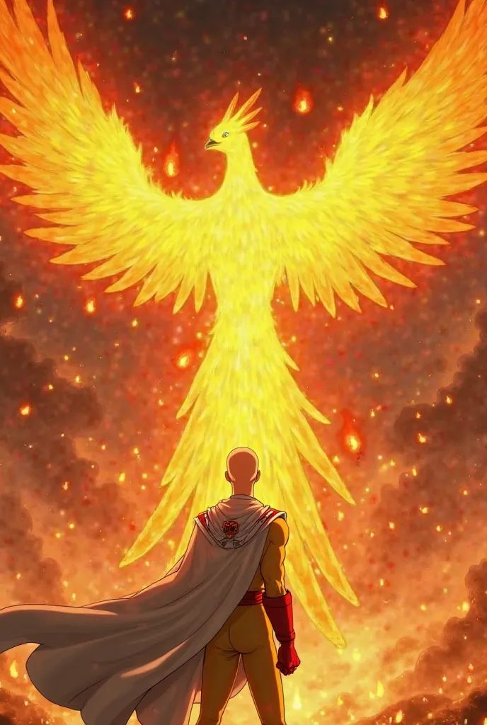 A dramatic, high-detail scene of One Punch Man standing face-to-face with a majestic, fiery phoenix. One Punch Man, bald and expressionless, wears his iconic yellow jumpsuit with a white cape flowing in the wind. His fists are clenched, radiating an aura o...