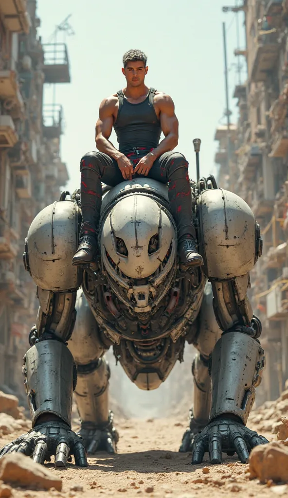 A young adult, likely Caucasian, is sitting atop a large, mechanized futuristic creature. The subject is positioned in the center of the image. The person has a muscular build and is wearing sleeveless chest armor and armored pants/leggings with red accent...