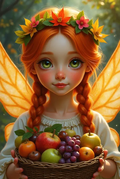 A photorealistic oil painting of a young girl, , with bright orange braided hair, smiling slightly as she holds a basket full of chestnuts, figs, grapes, apples and pears. She has large, transparent golden wings that sparkle in the light. Her face is full ...