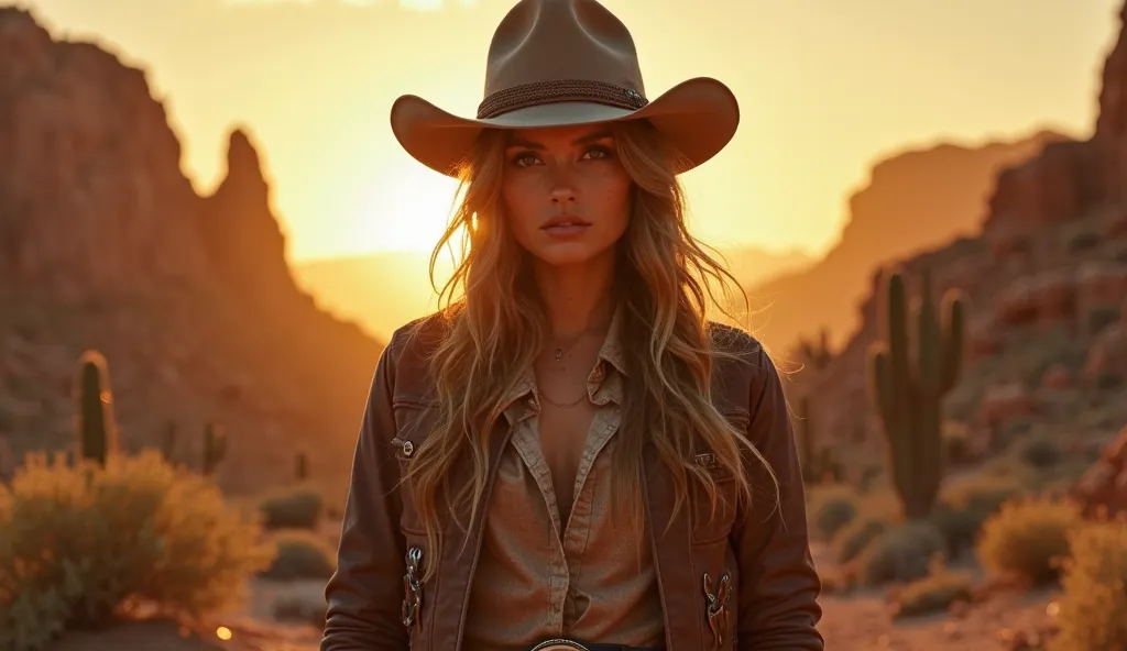 A photorealistic portrait of a fearless cowgirl gunslinger standing in a desert canyon at sunset, wearing a weathered cowboy hat, a detailed leather jacket, and dual revolvers, with a rugged backdrop of cliffs and cacti, soft golden light casting dramatic ...