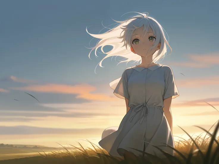  masterpiece,best quality ,  latest , high resolution， girl，white hair,wind，grassland，Sky