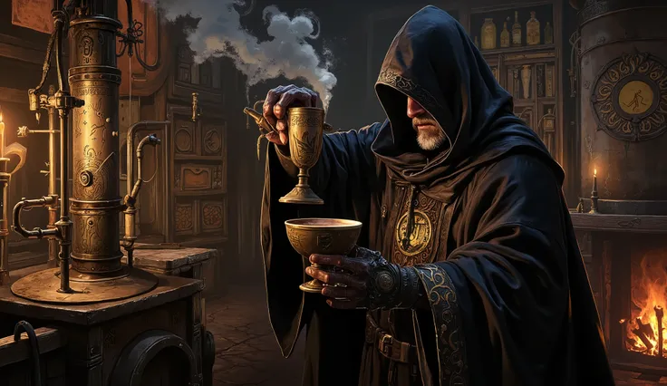 Beer wizard with hoodie and black robes drinking a black beer in his brewery while brewing black beer in a ritual