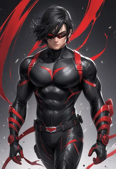 6"2 male hero has black hair. costume is a form-fitting black bodysuit with red accents across the pectorals and biceps, tapering down to a thin red line around each forearm. The suit also features a thin red belt around the waist, breaking up the black to...