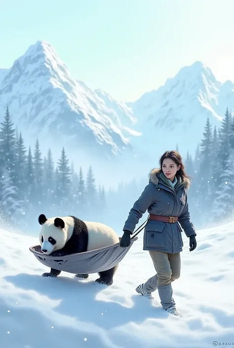 Woman carefully carrying Panda on a stretcher, with snow-covered mountains in the background and snowflakes falling around them"