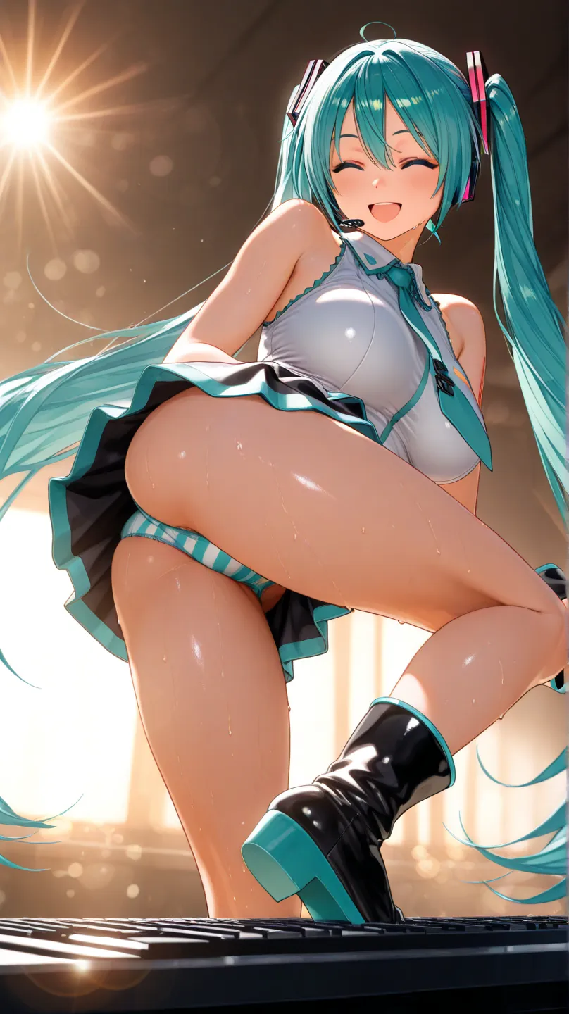 high quality, Hatsune Miku,  girl, smile, Big Breasts, I'm a little sweaty,miniskirt, anime, Stripes々 panties,Standing singing, keyboard leaning against,Angle viewed from the feet up, idol, 4K, realistic, Extreme Details, professional , Brilliant Colors, B...