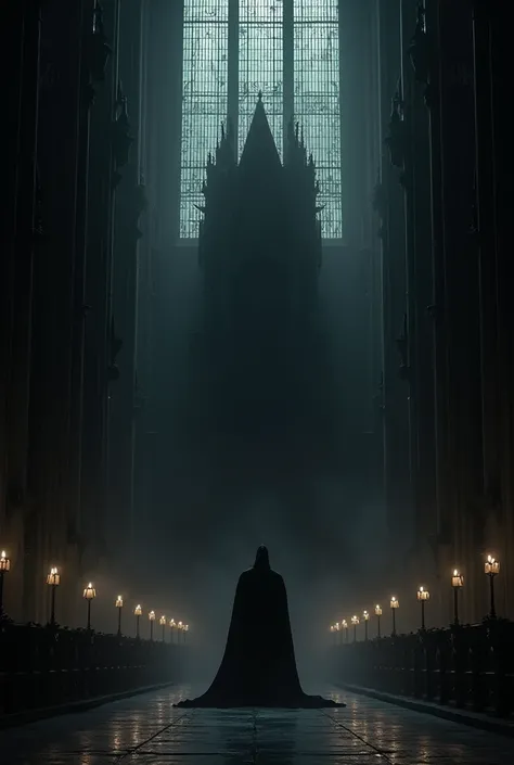 You can create a black background for a poster with a satanic black spectrum in a sinister and industrial aesthetic inside a dark cathedral of evil