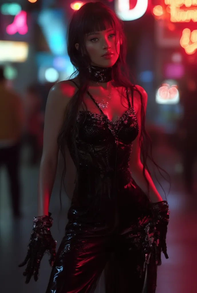 (ULTRA-REALISTIC, DETAILED PHOTO WITH PERFECT SKIN TEXTURE AND HANDS) A beautiful 22-year-old American model, slim and sculpted body, long straight black hair, stunning with striking features and sculpted body, wearing a tight black leather set and Swarovs...