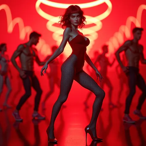 Realistic images Skinny young white woman, short wavy dark red hair with bangs, blue eyes,  doing dynamic pose, wearing a red fishing net jumpsuit, red high heel shoes,  Dancing with other men with neon red background