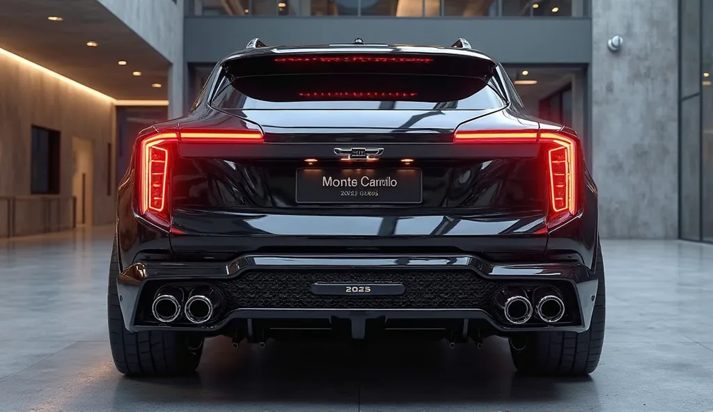 "A hyper-realistic, ultra-HD digital render of the 2025 Chevrolet Monte Carlo, a futuristic luxury SUV captured from a bold and aggressive rear view.
The massive, sculpted rear showcases a deep black honeycomb-patterned bumper with chrome-accented exhaust ...