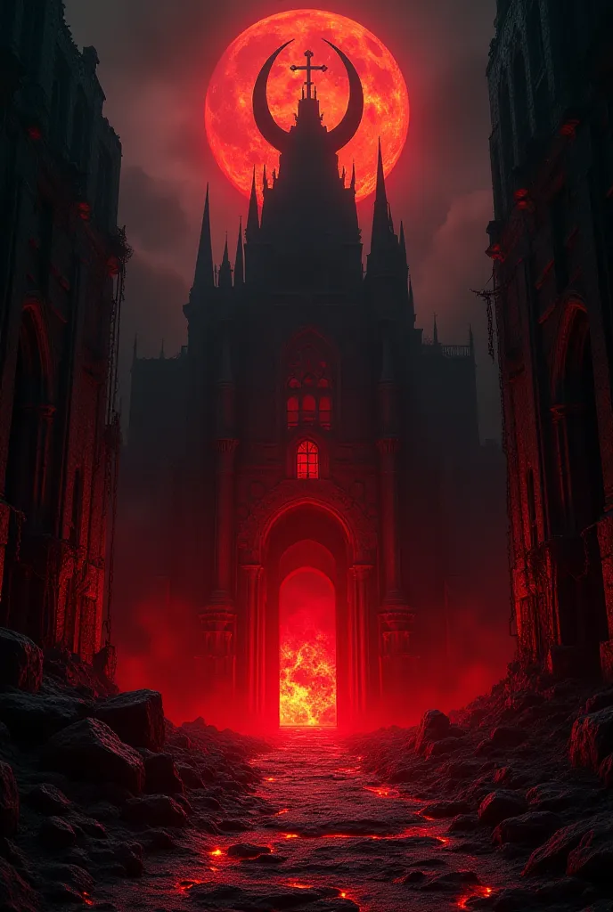 You can create a dark background with fiery red touches and flames for a poster with a satanic black spectrum in a sinister and industrial aesthetic inside a satanic temple of evil and darkness with lava and chains
