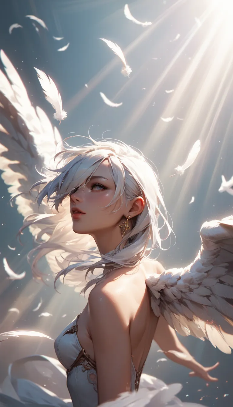 score_9, score_8_up, score_7_up, score_6_up, 1girl, white hair, hair over one eye, side locks, angel wings, earrings, glossy lips, feathers falling, light rays, tilted angle, body to the side