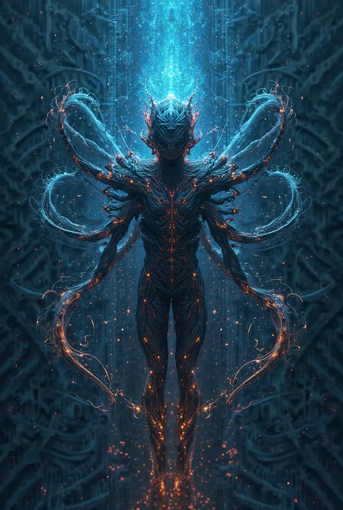 The image is a digital art piece that appears to be a representation of a futuristic or sci-fi creature. The creature is in the center of the image, with its body and head facing towards the viewer. It has a large head with intricate patterns and designs o...