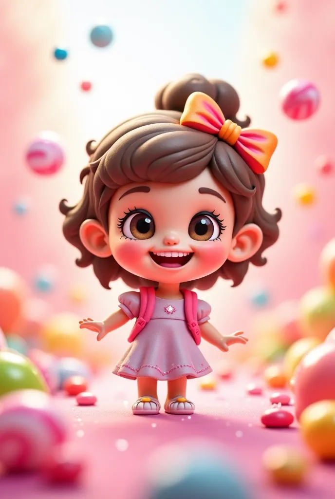 A cheerful, playful young girl with a bright, joyful smile, set in a whimsical candy land. The scene is bursting with vibrant pastel colors, floating candy shapes, and soft, sparkling details. She wears a cute, fun outfit with playful accessories, and her ...