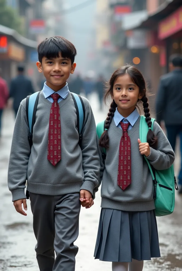 
Handsome Boy and girl couples wearing school dress with tie colour mixture of red and dark blue girls with little messy  two braids with black medium hair wearing full gray sweater with gray pant carrying light green school bag and boy wearing half gray s...