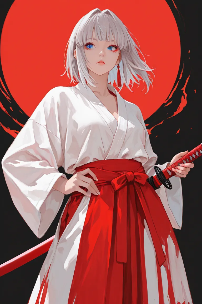   with platinum hair , And loose style clothing wearing red katana, with your clothes in red and white.  with a blue eye and a white