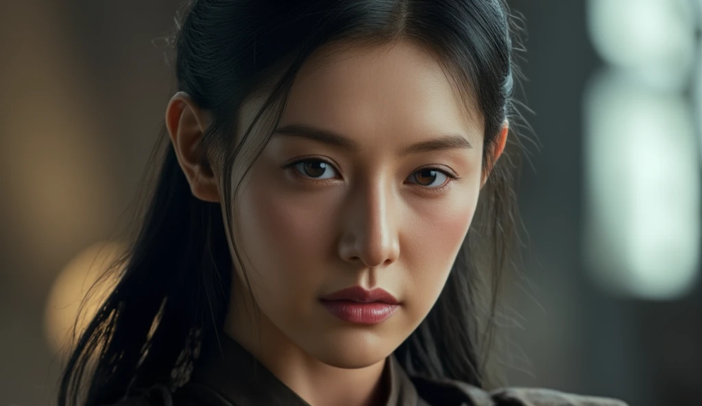 8k, UHD, Realistic, full body, Beautiful, captivating, female jedi warrior, facial mixed of Kim Ji Won, highly detailed face, fiery and weary looked yet captivating, deep cleavage, make me want her,