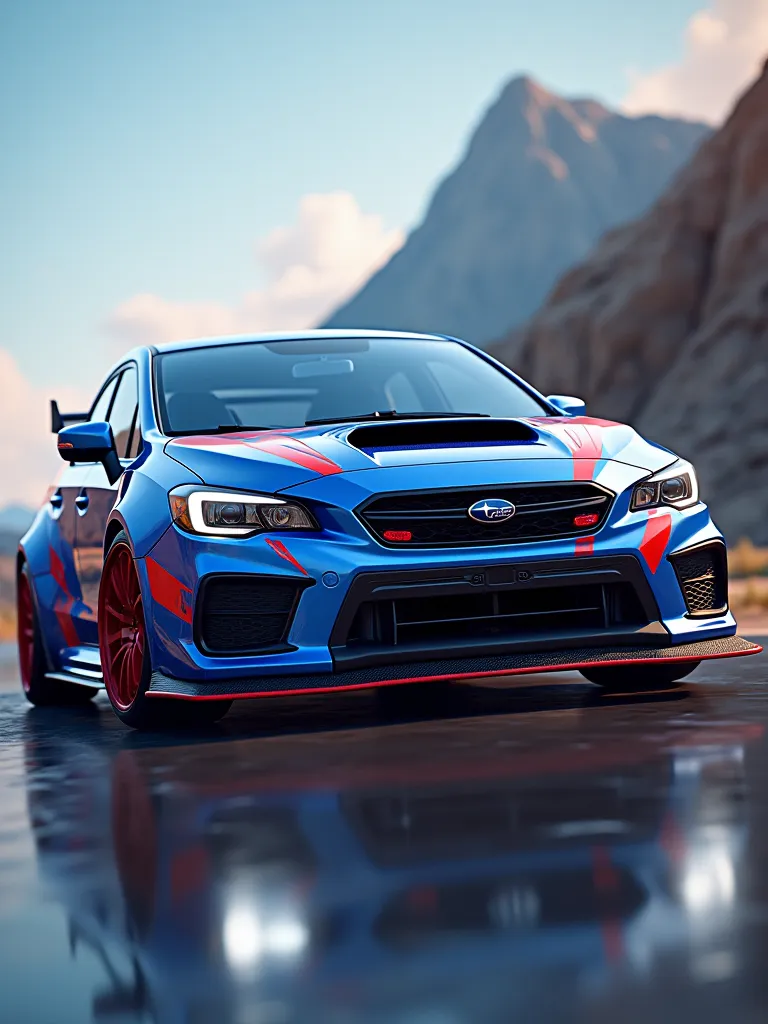 A  Subaru WRX STI in a 90's anime lines livery, High Resolution, Accurate, HD, Detail, High Details, High Quality, Quality, Wide Shot, Depth Of Field, Lens Flare, Film Grain, Anime Style, Unreal Engine, Realism, 