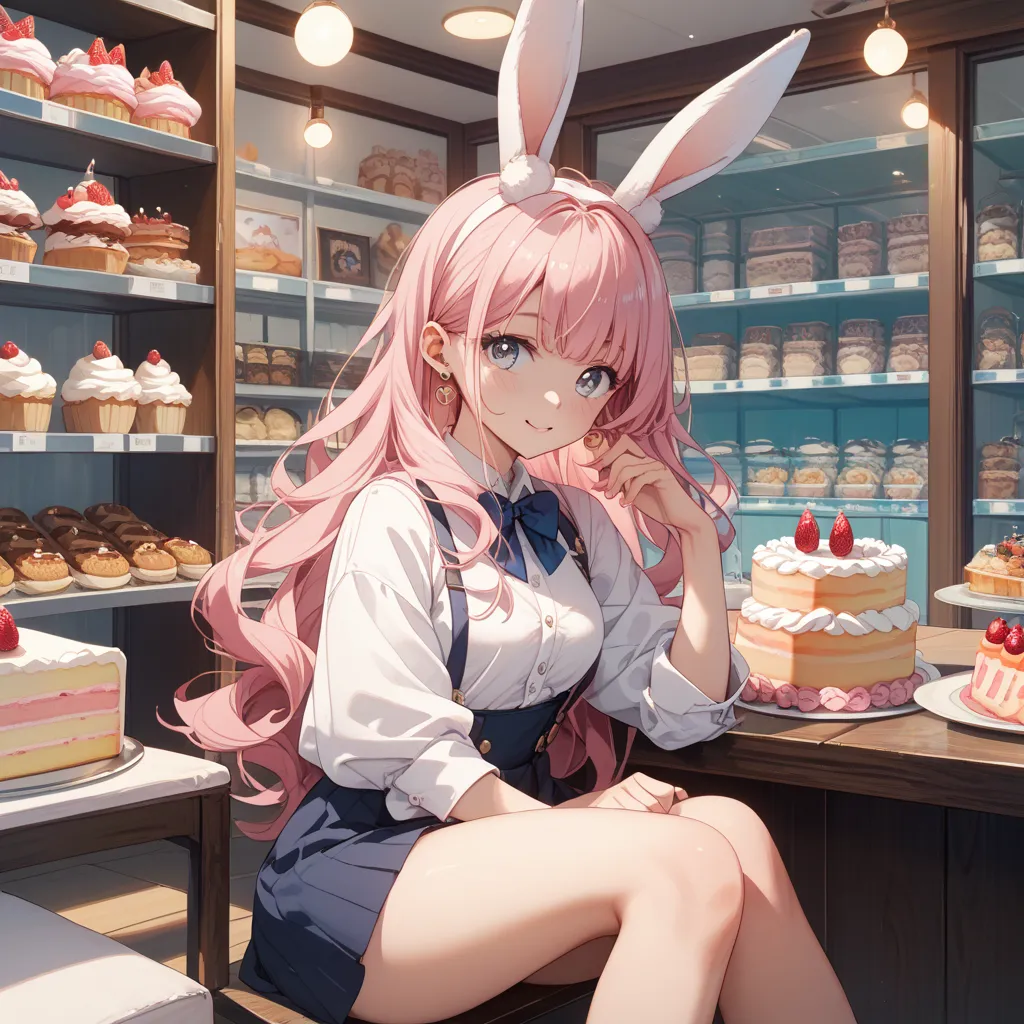 woman、long pink hair、loose wave、濃い灰色の瞳、 beauty、 clear、White rabbit ears、 miniskirt sitting at the 、Cake shop background