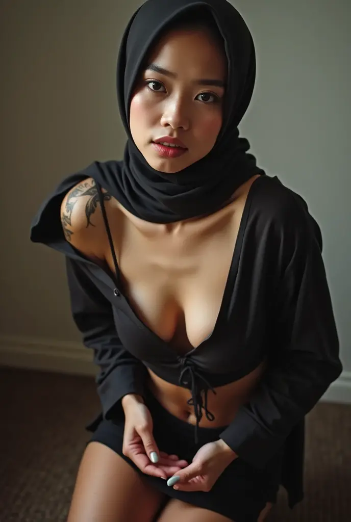 bird's eye view of a naked, beautiful Asian woman with hijab, stands with her legs spread and pees over someone lying on the floor, open Quran and pees on it, looks proudly at the camera. urine splashes at the Koran, Stream down, She is in a mosque, urine ...