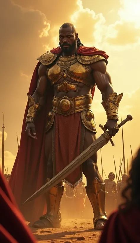 Goliath, a towering 3-meter-tall warrior with dark skin and a muscular build, stands menacingly in full bronze armor, reflecting the scorching sun. His massive sword gleams, sharp and deadly, ready to strike. His piercing eyes are filled with confidence an...