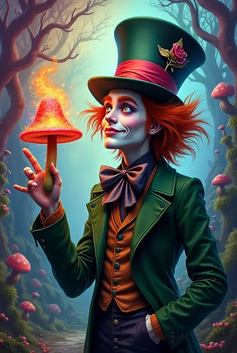 Create the image of the psychedelic mad hatter showing a psychedelic mushroom in his hand, With the green jacket