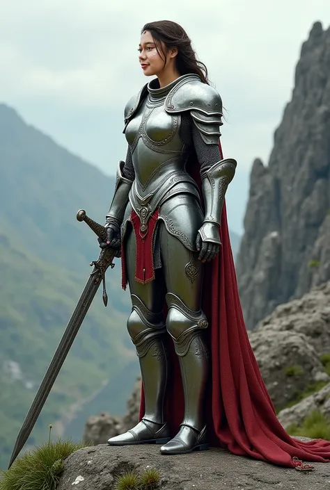 Beautifull female,wear knight full body armor, standing hold sword, step on rock